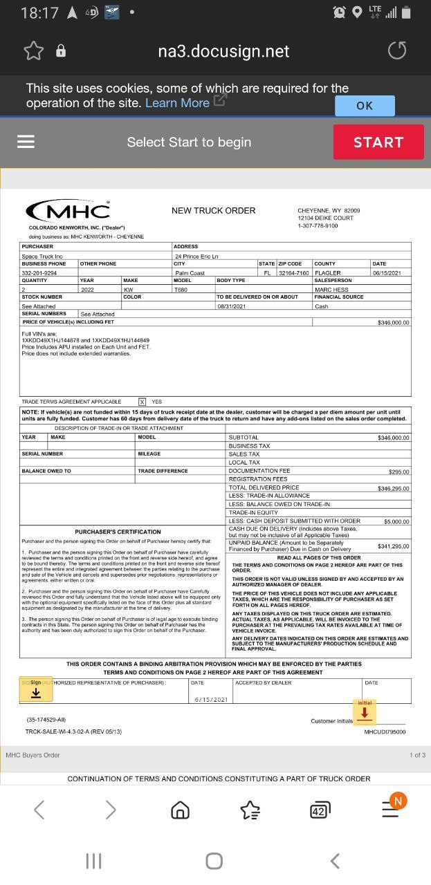 MHC Kenworth Contract $346k