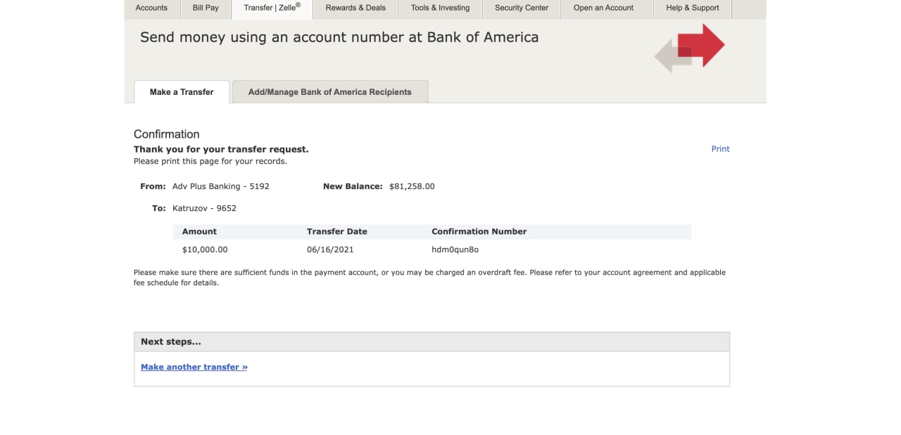 Bank of America Transfer $10,000